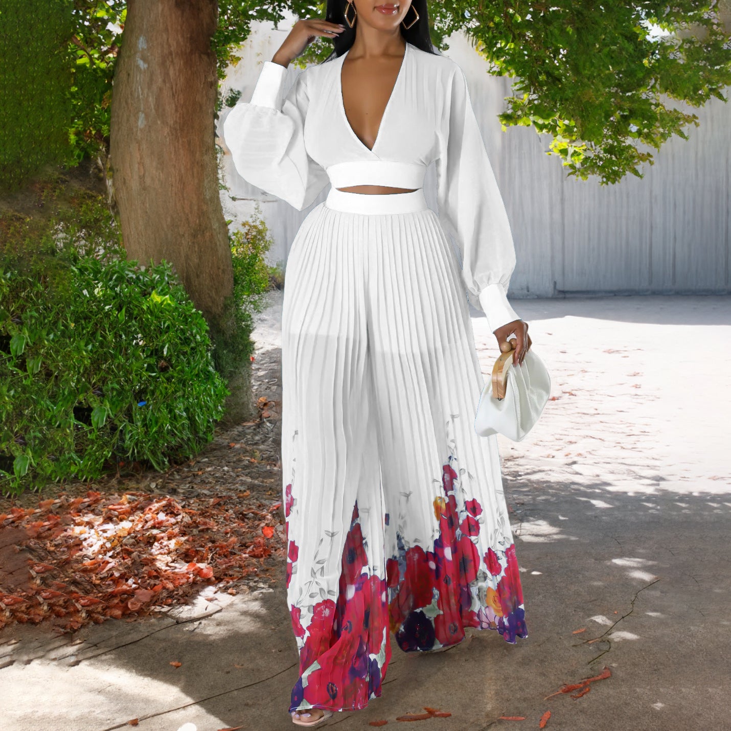 Chiffon V-neck Pleated Top Printed Wide-leg Pants Suit