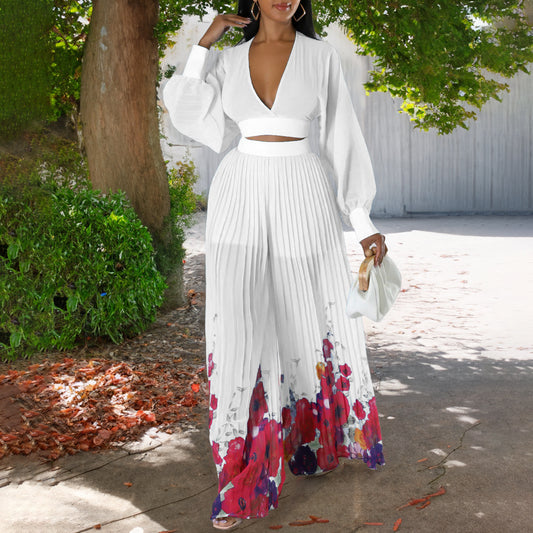 Chiffon V-neck Pleated Top Printed Wide-leg Pants Suit