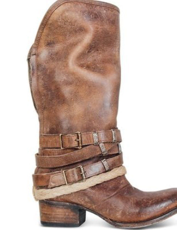 Belt Buckle Thick Heel Middle Boots