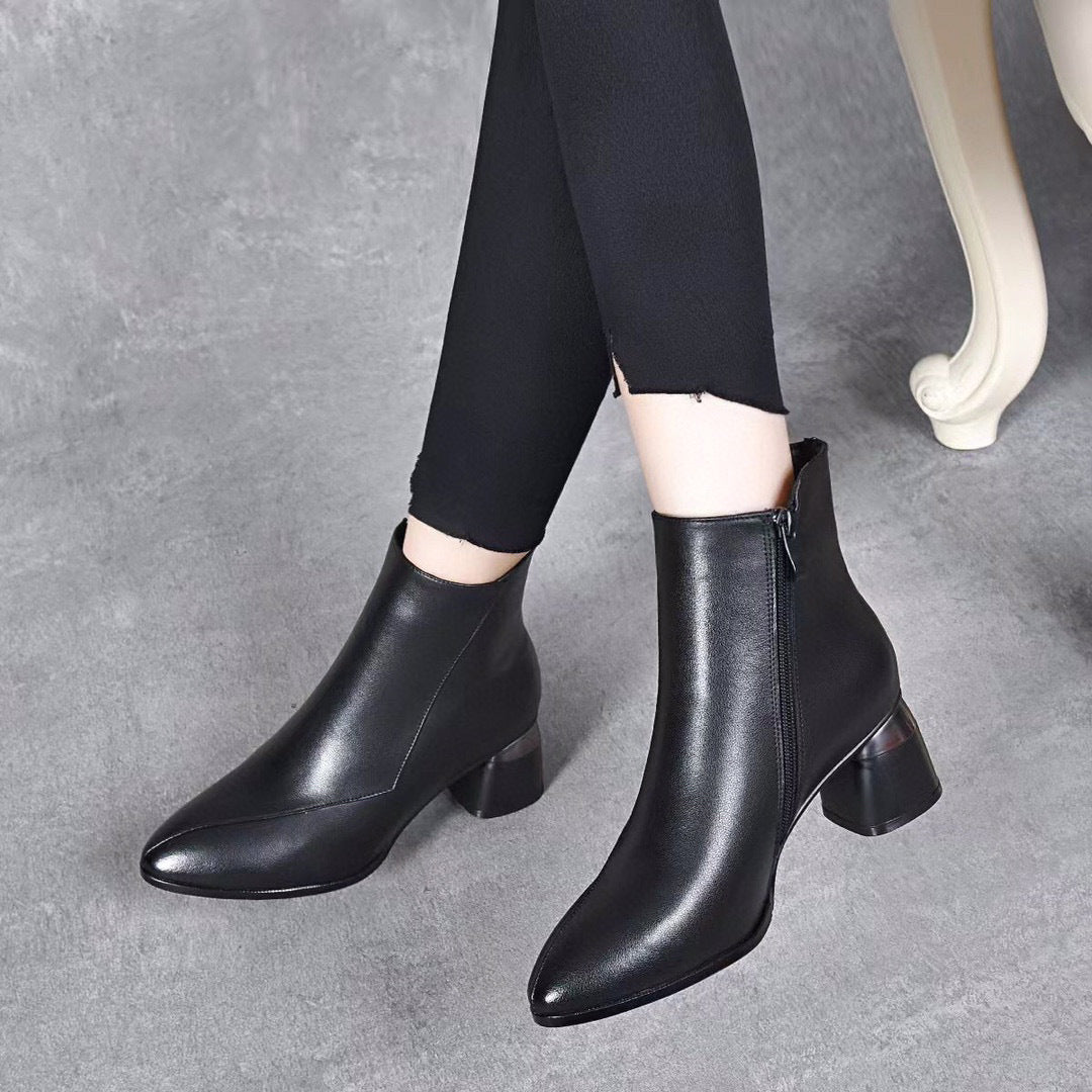 Pointed Toe Chunky Heel Cowhide Ankle Boots