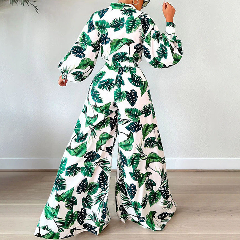 Leafy Loose Long Sleeve Printed Trousers Suit