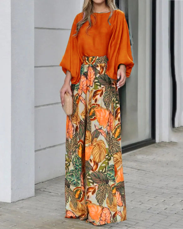 Lantern Sleeve Printed Top Wide Leg Pants Two-piece Set