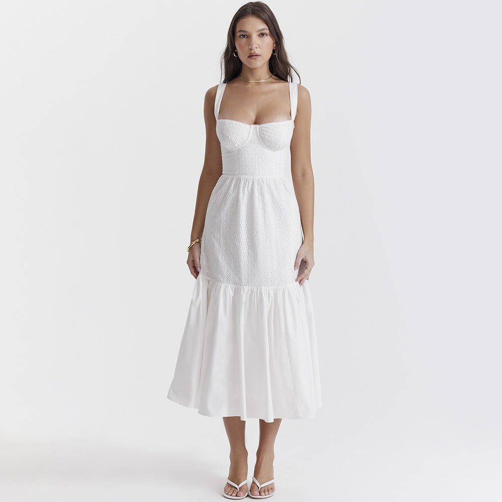 Cotton Linen Jacquard Mid-length White Dress