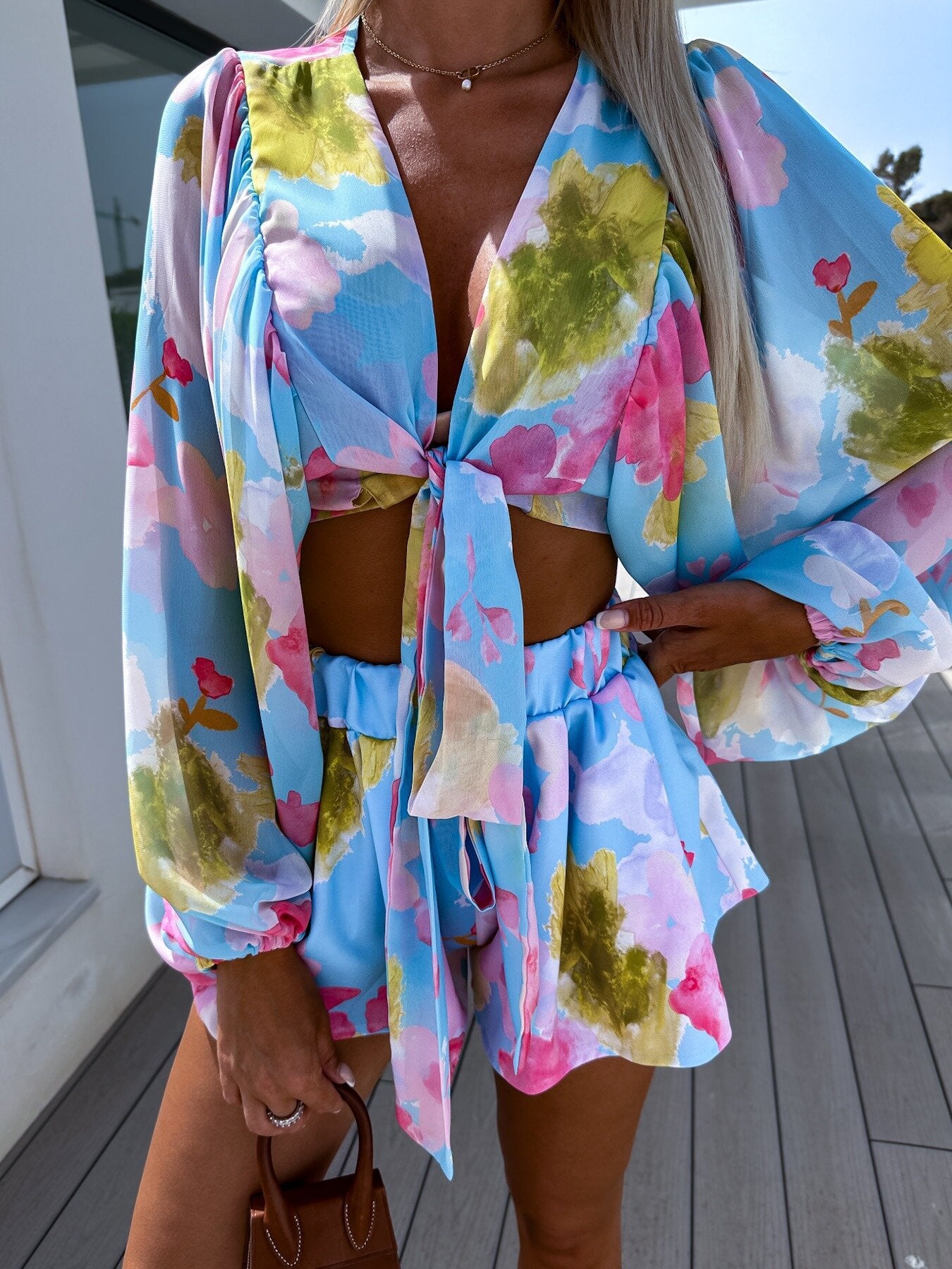 Chiffon Pleated Lantern Long Sleeve and Shorts Printing Suit