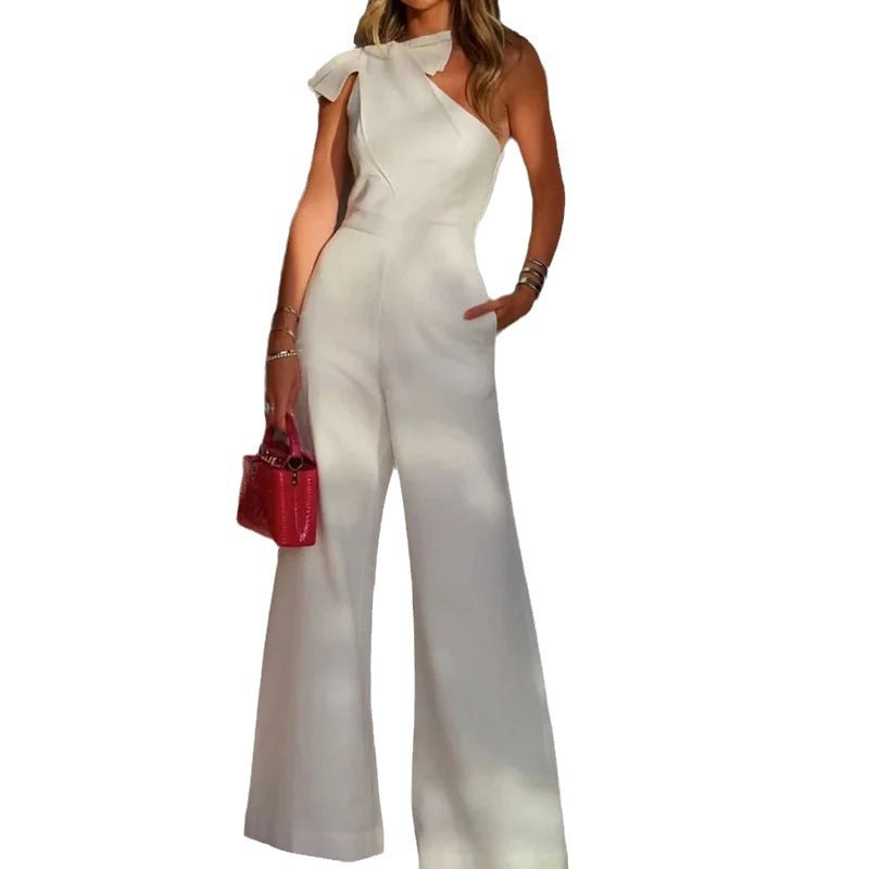 White Slant Shoulder Jumpsuit