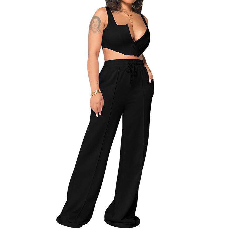 Low Cut Sleeveless Top Wide Leg Pants Two-piece Set