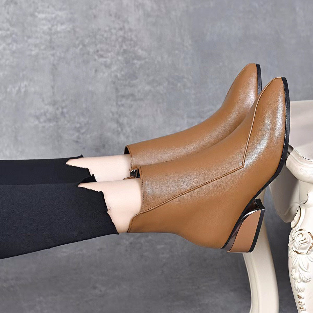 Pointed Toe Chunky Heel Cowhide Ankle Boots