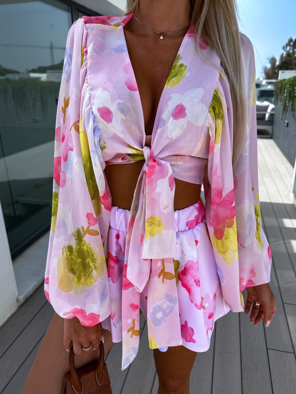 Chiffon Pleated Lantern Long Sleeve and Shorts Printing Suit