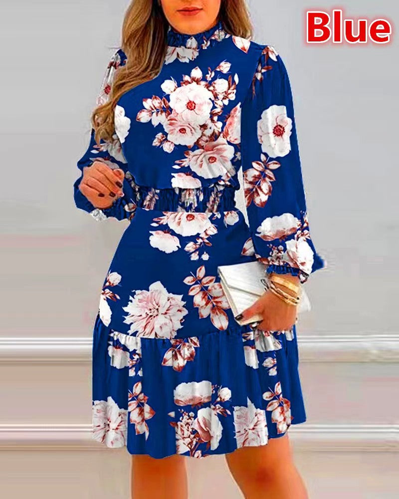 Pile Collar Floral Print Dress