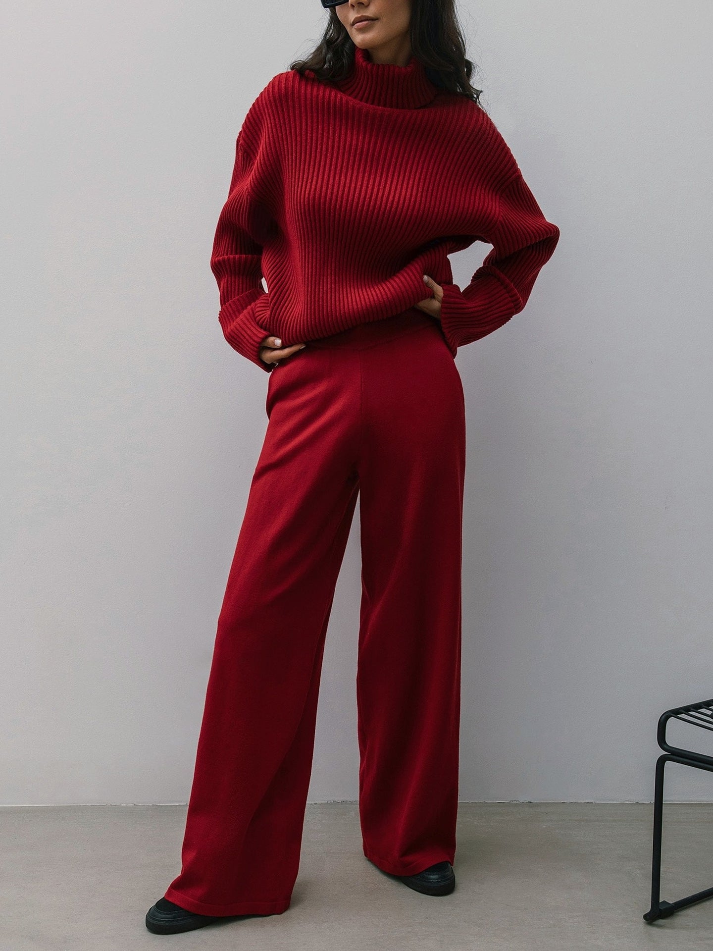 Simple Loose High Collar Sunken Stripe Beveled Sweater Knitted Trousers Suit