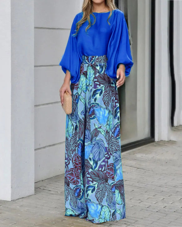 Lantern Sleeve Printed Top Wide Leg Pants Two-piece Set