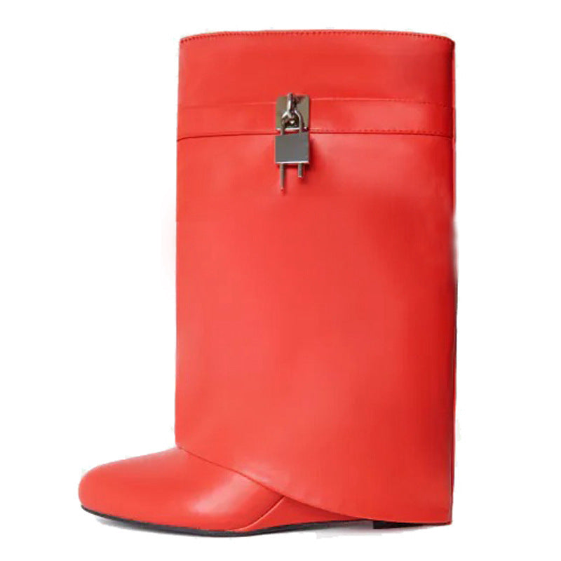 Tube Pointed Metal Lock Wedge Pants Boots