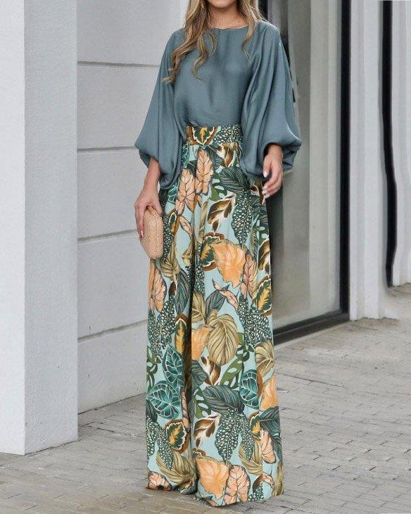 Lantern Sleeve Printed Top Wide Leg Pants Two-piece Set