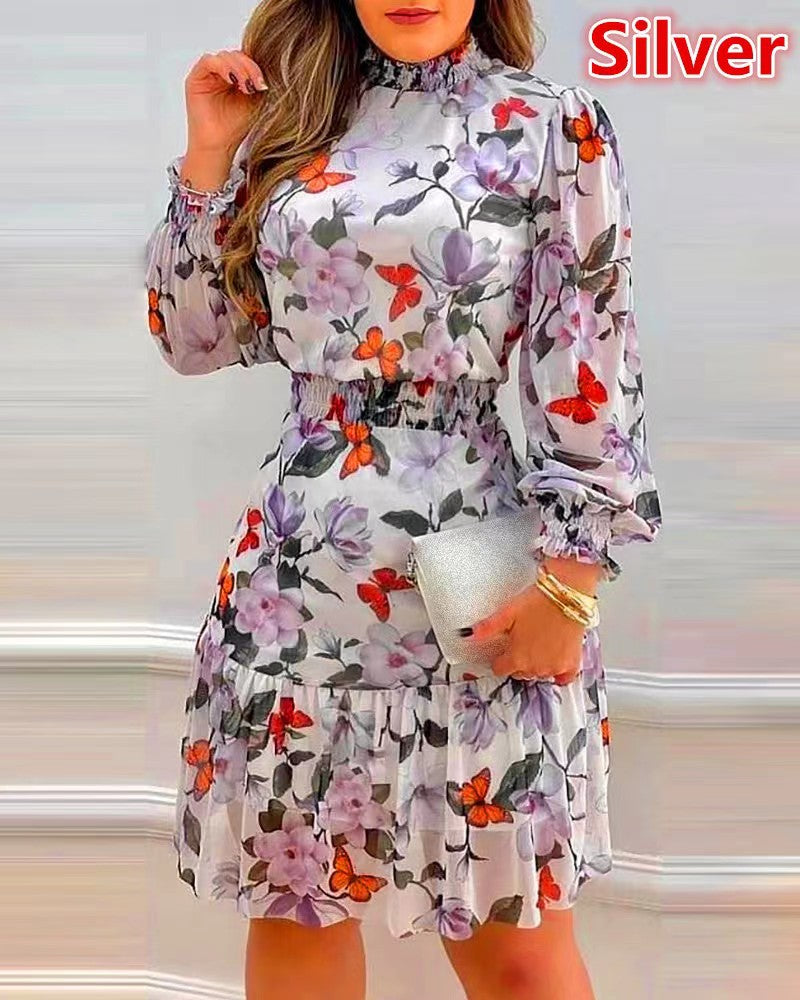 Pile Collar Floral Print Dress