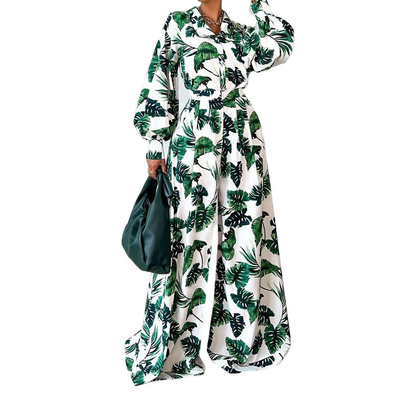 Leafy Loose Long Sleeve Printed Trousers Suit