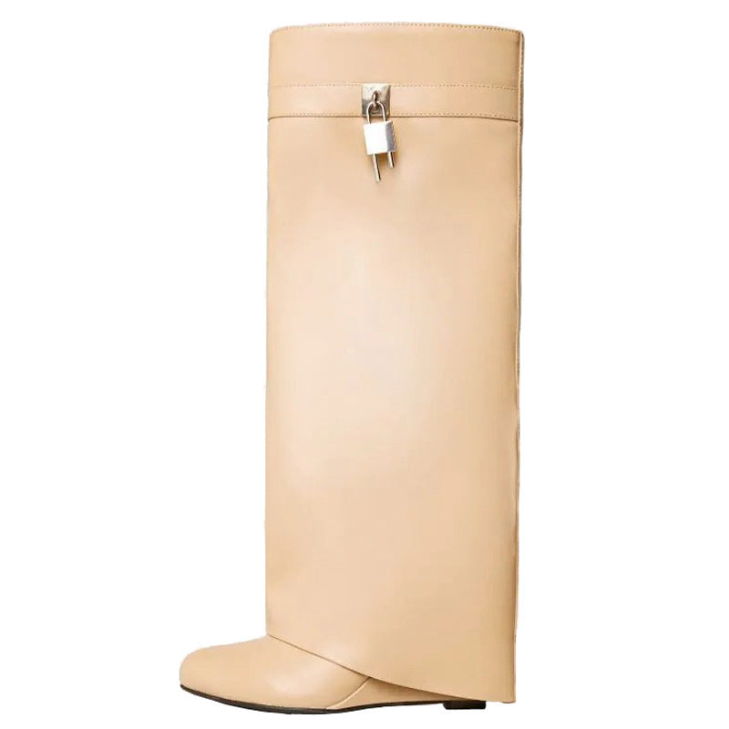 Tube Pointed Metal Lock Wedge Pants Boots