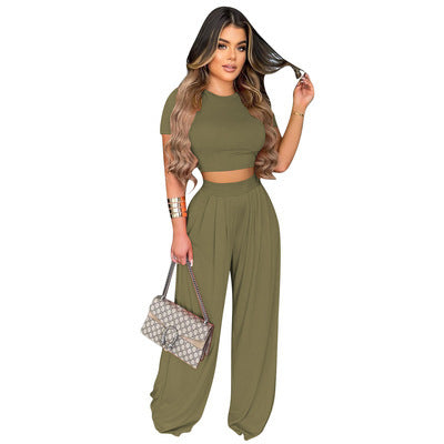 Solid Color Wide Leg Two-piece Set