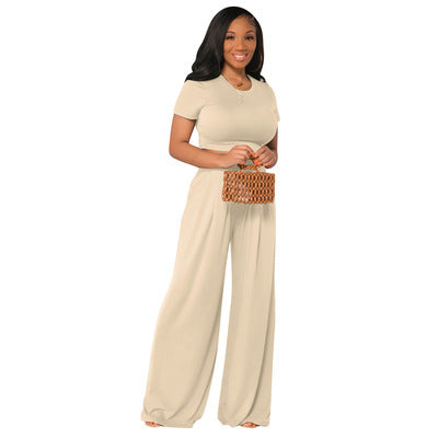 Solid Color Wide Leg Two-piece Set