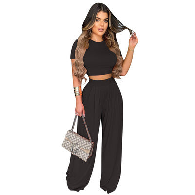 Solid Color Wide Leg Two-piece Set