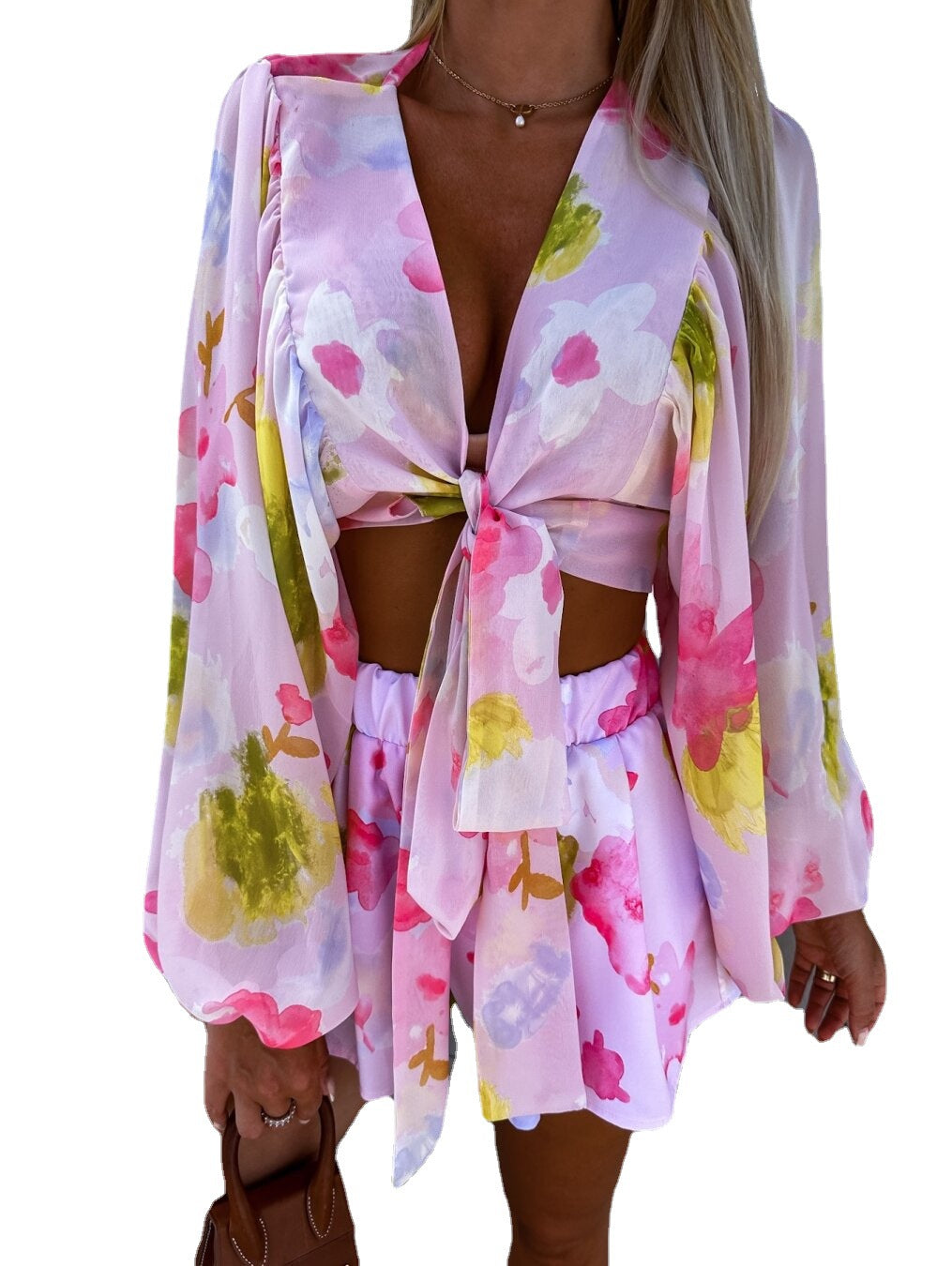 Chiffon Pleated Lantern Long Sleeve and Shorts Printing Suit