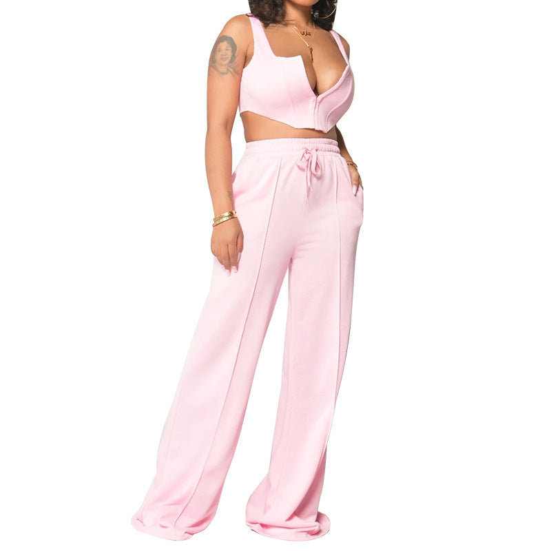 Low Cut Sleeveless Top Wide Leg Pants Two-piece Set