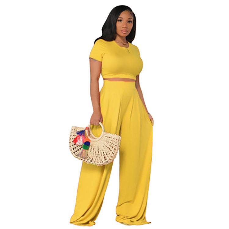 Solid Color Wide Leg Two-piece Set