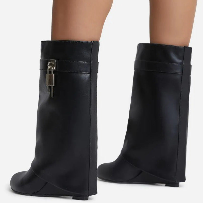 Tube Pointed Metal Lock Wedge Pants Boots