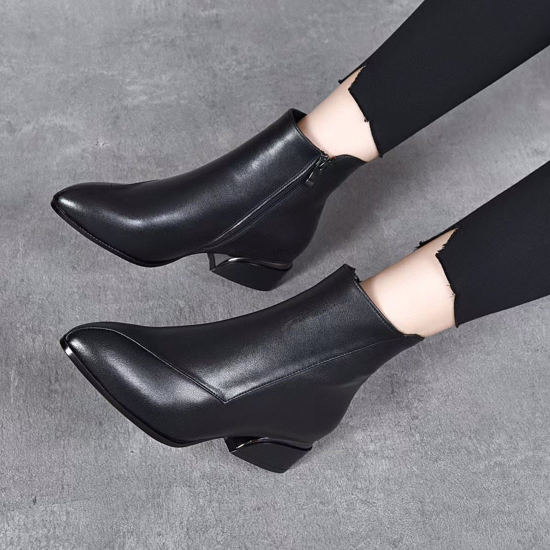 Pointed Toe Chunky Heel Cowhide Ankle Boots