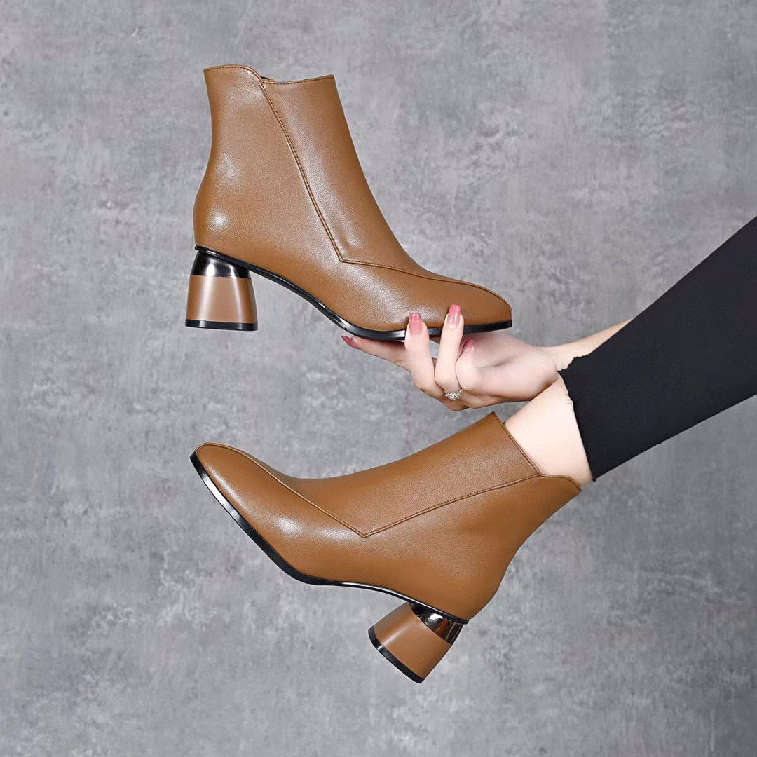 Pointed Toe Chunky Heel Cowhide Ankle Boots