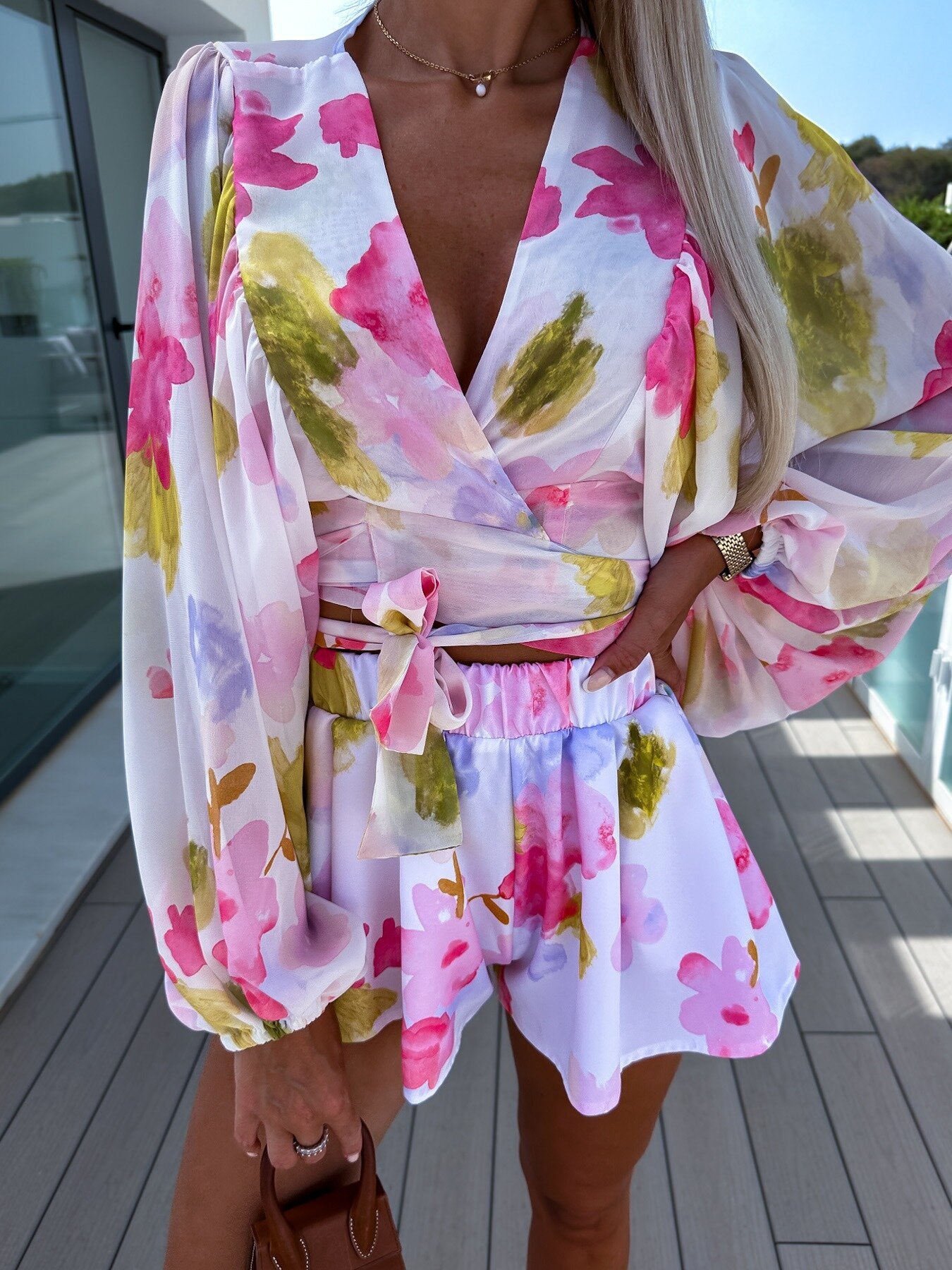 Chiffon Pleated Lantern Long Sleeve and Shorts Printing Suit