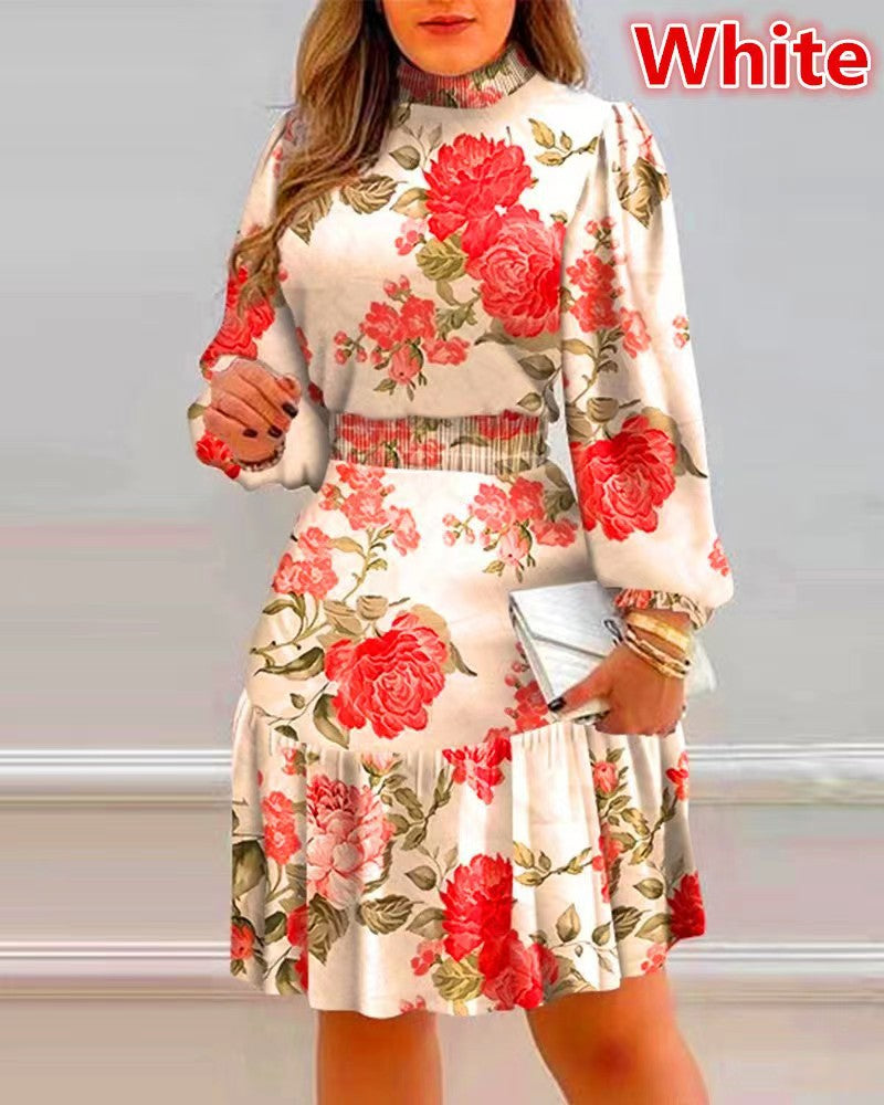 Pile Collar Floral Print Dress