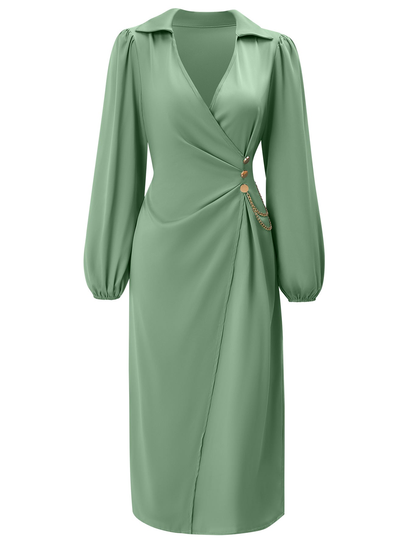 V-neck Solid Color Tie Waist Long Sleeve Dress