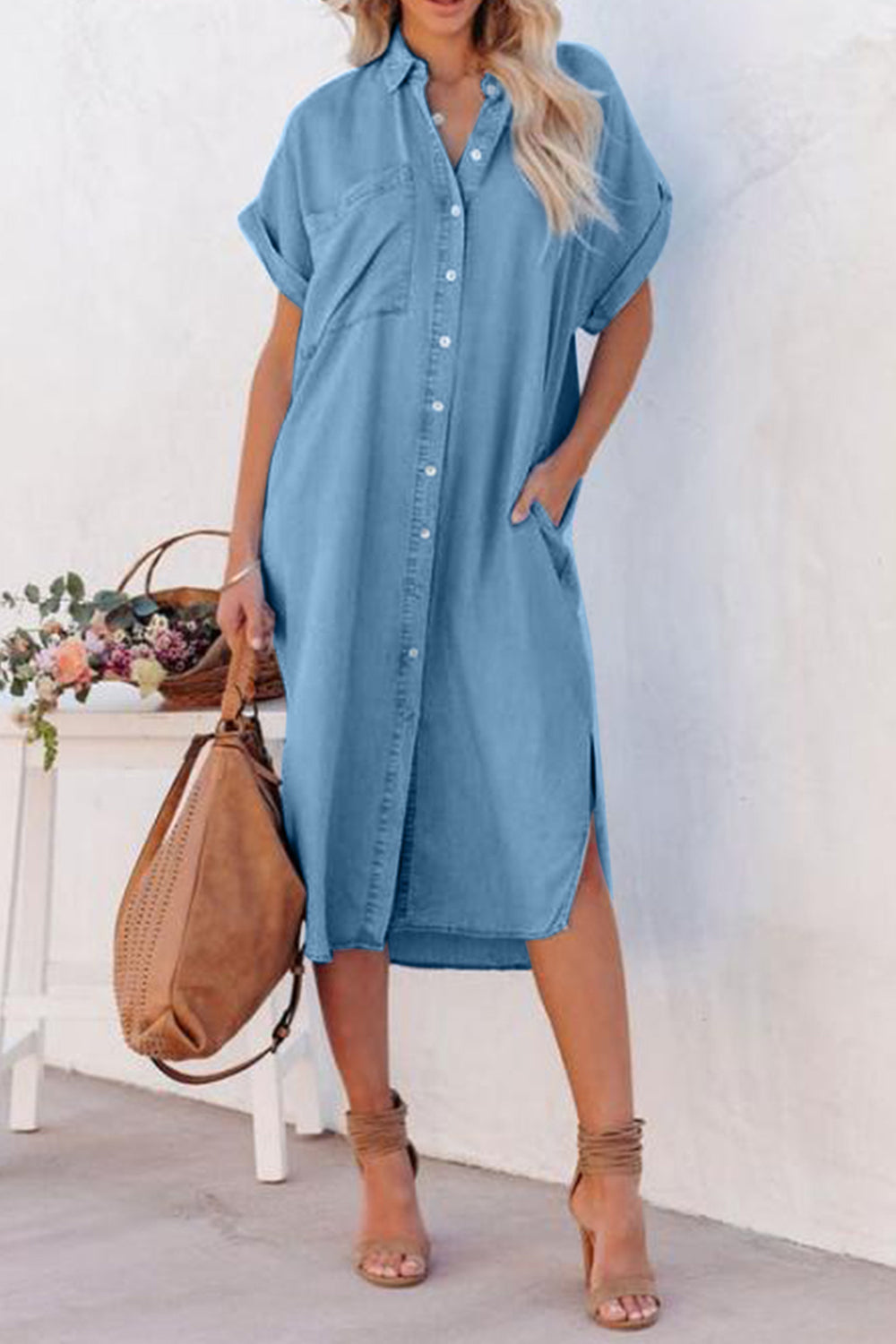 Button Up Short Sleeve Imitation Denim Dress