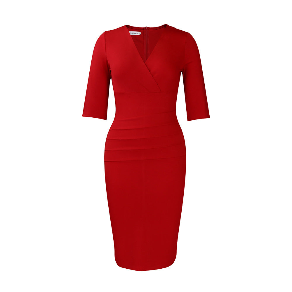 V-neck Solid Color Dress