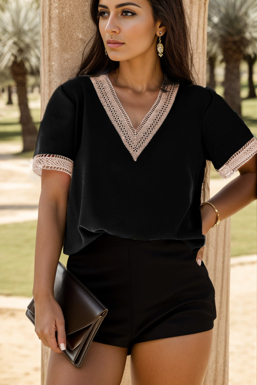 V-Neck Short Sleeve Plus Blouse