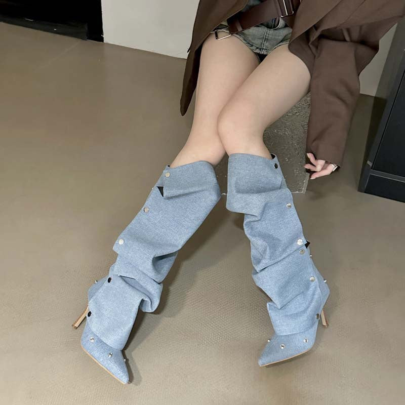 Pleated Denim Pile Style Boots