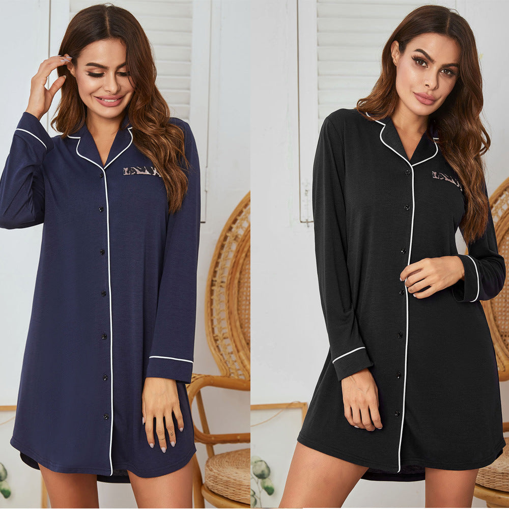 Long Sleeve Shirt Button Nightdress