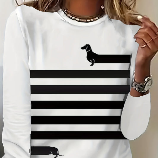 Dog And Striped Printed Round Neck T