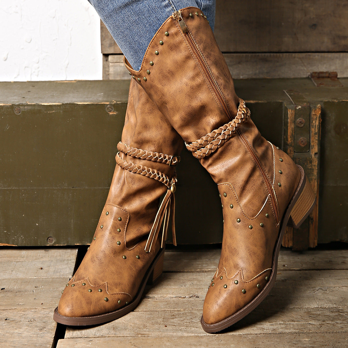 Braided Rope Strap Buckle Boots