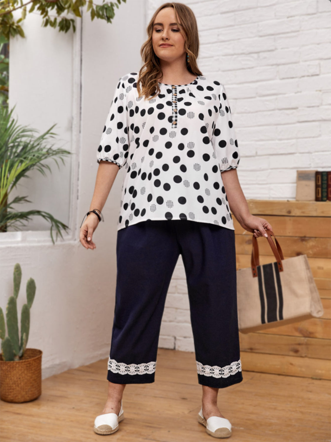 Polka Dot Round Neck Half Sleeve Plus Blouse