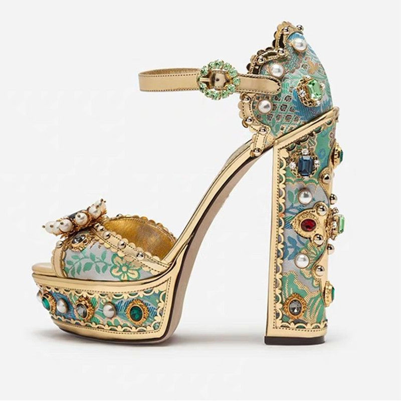 Vintage Rhinestone Leather Platform Thick Heel Baroque Fish Mouth Women's Sandals