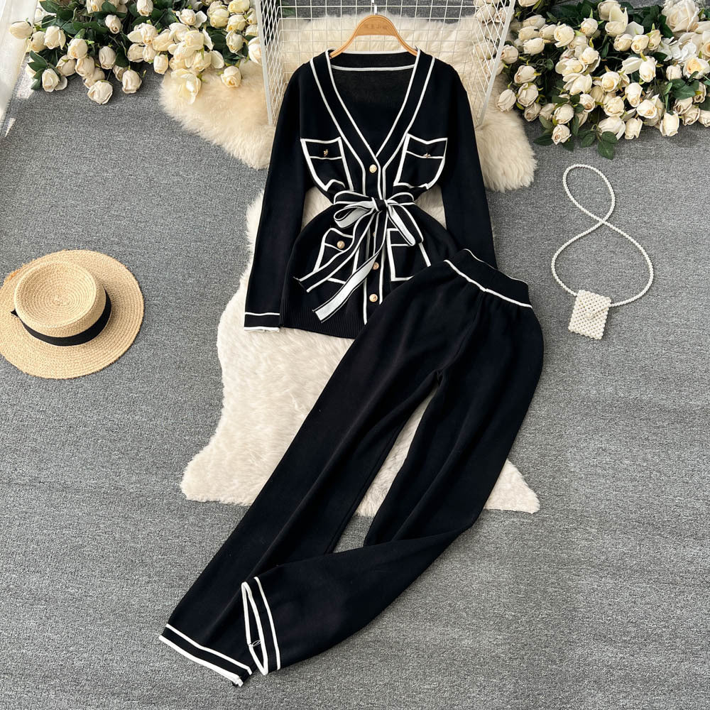 Women's Long Sleeve V-neck Lace-up Knitwear Draping Wide Leg Trousers Two-piece Set