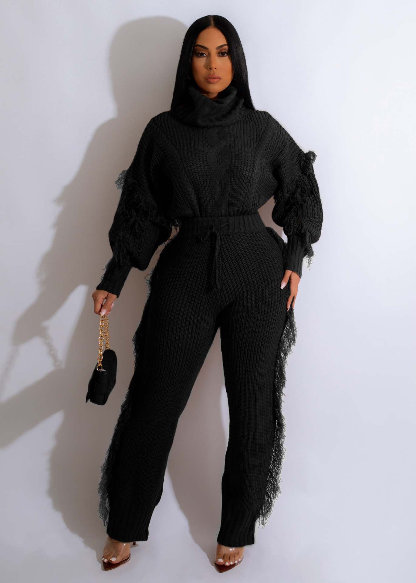 Knitted Long Sleeve Turtleneck Tassel Suit