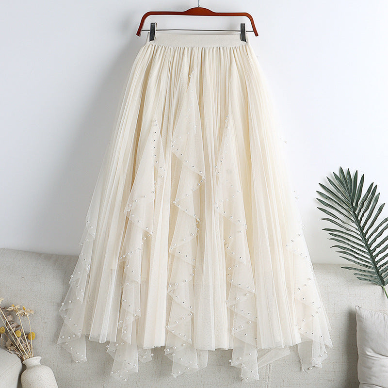 Mesh Beaded + Rhinestone Long A- Line Skirt