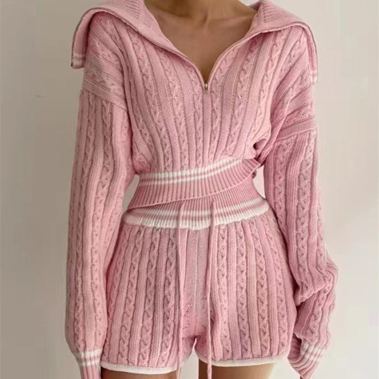 Cable-knit Sweater Shorts Suit