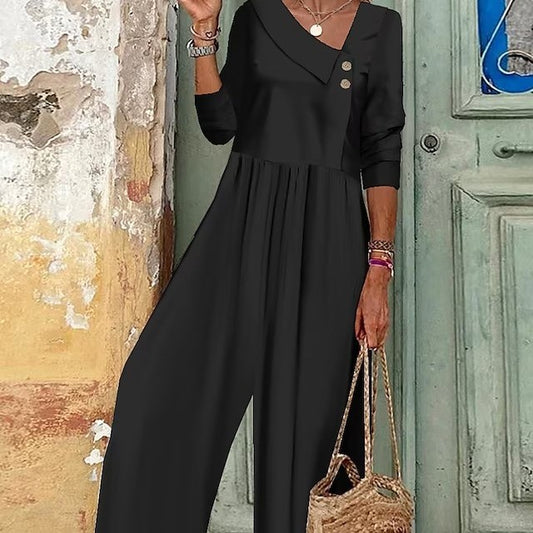 Button Up Jumpsuit With Solid V-neck