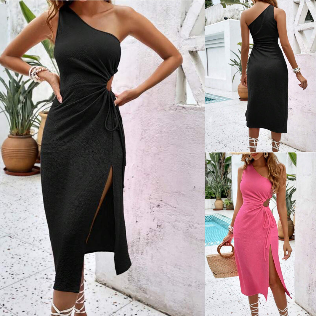 Oblique Shoulder Cut Knot Split Thigh Dress