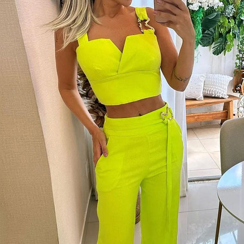 Lime High Waist Wide Leg Pants Suit