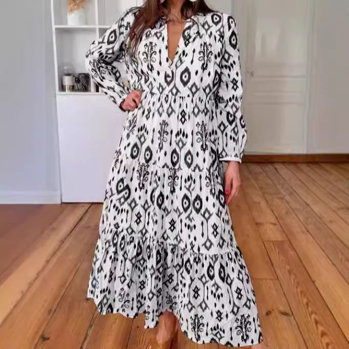 Long Sleeve V-neck Printed Dress