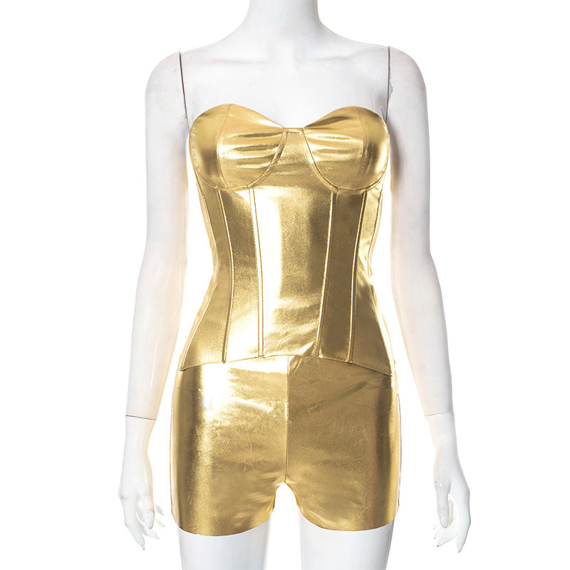 Metallic Body Shaping Tube Top And Shorts Two-piece Set